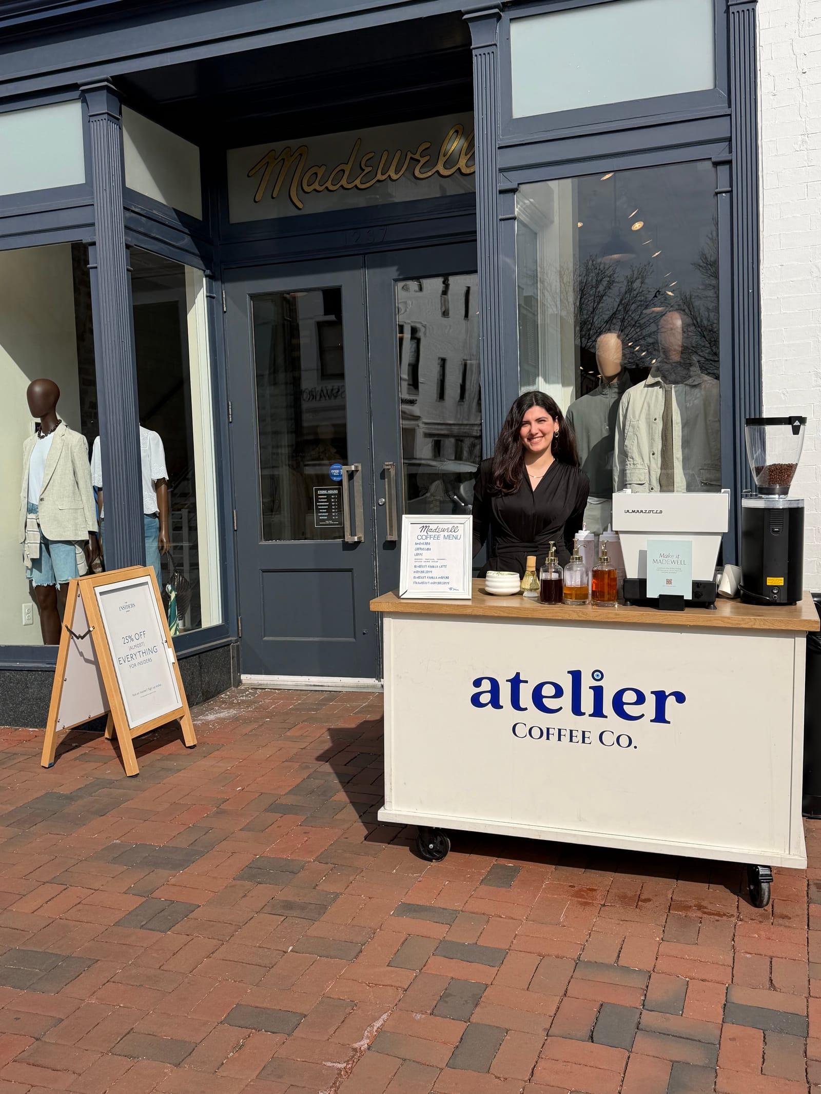 The Atelier Coffee Co. cart serving outside a Madewell storefront